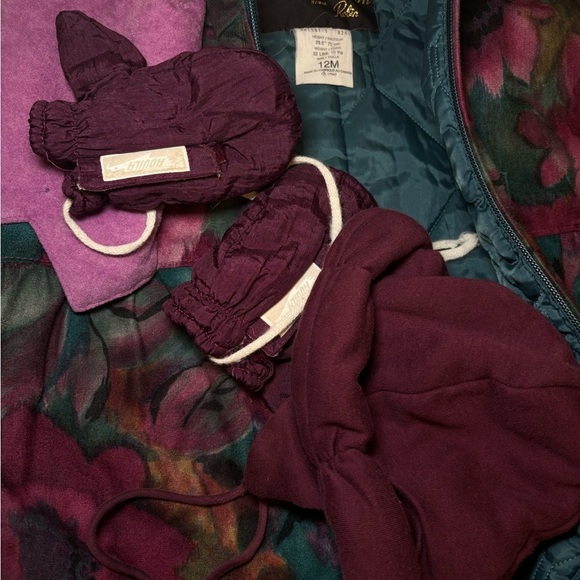 80s Floral Hooded Warm Kids Winter Vintage OnePiece Snowsuit with Hat&Gloves - Picture 7 of 11